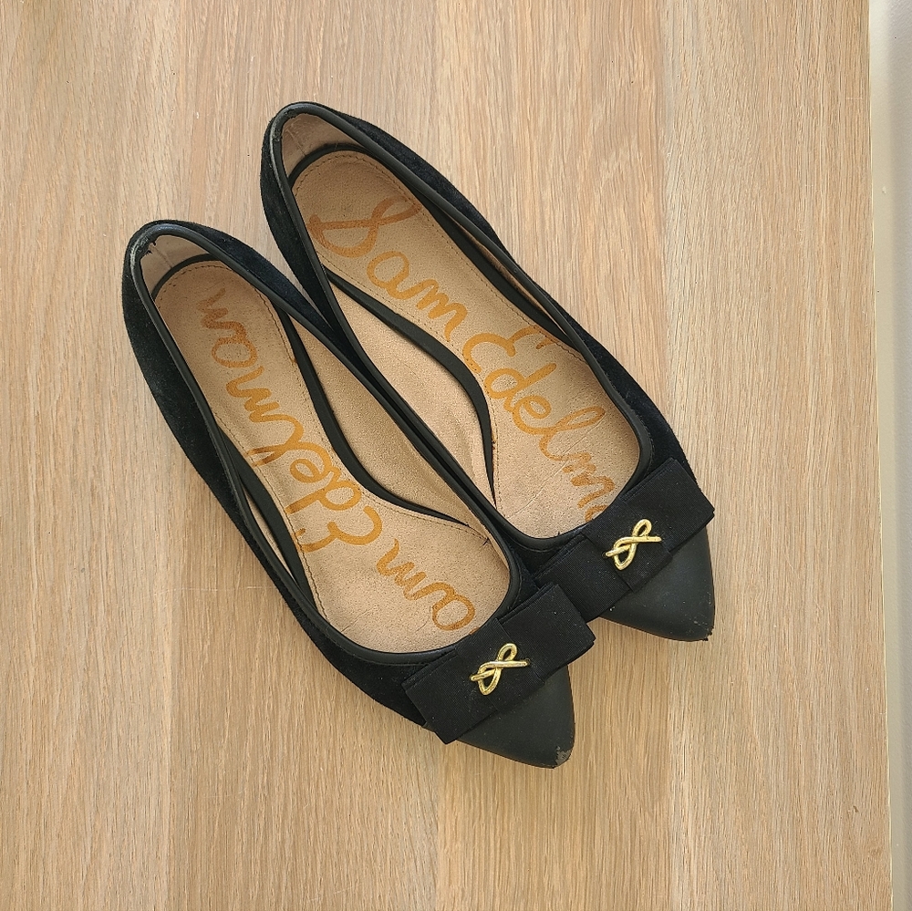 Sam Edelman Black Pointed Toe Flats with Gold Bow Accent